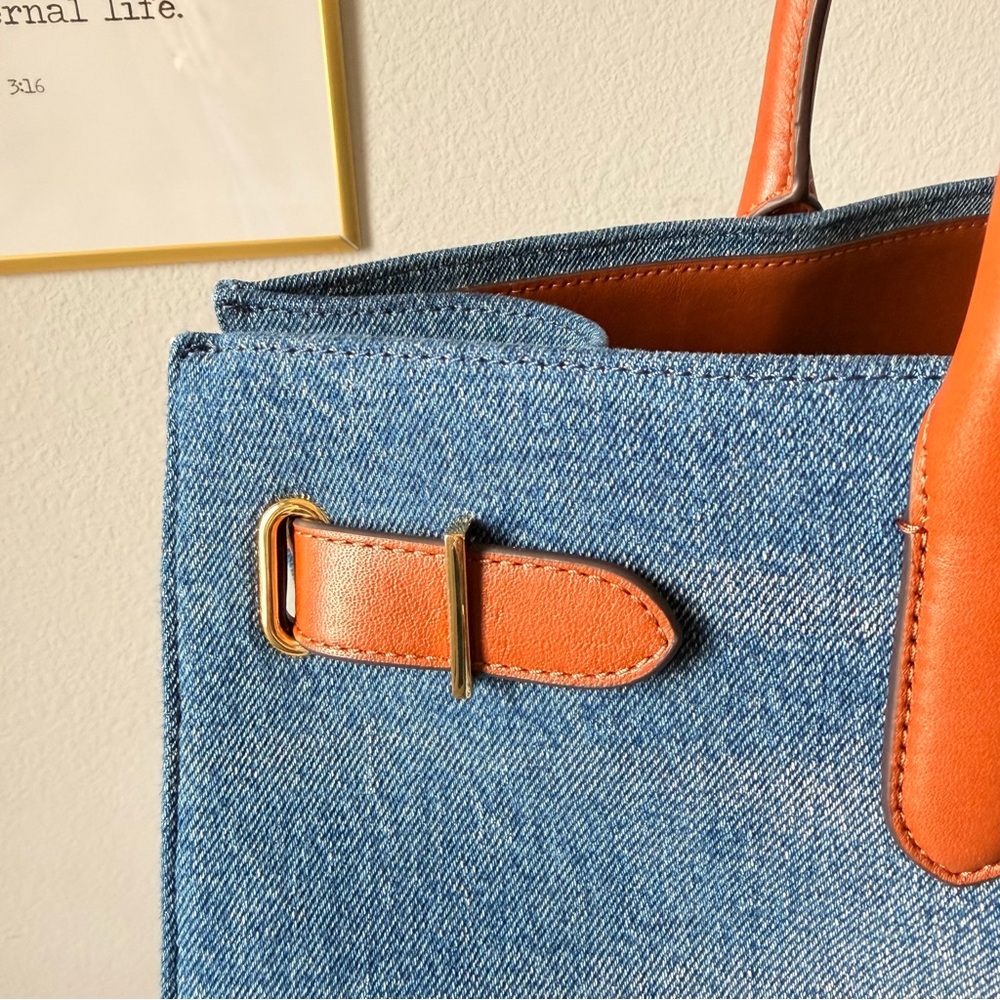 Ralph Lauren Women Devyn Denim with Leather Trim Extra-Large Tote Bag - Picture 4 of 16